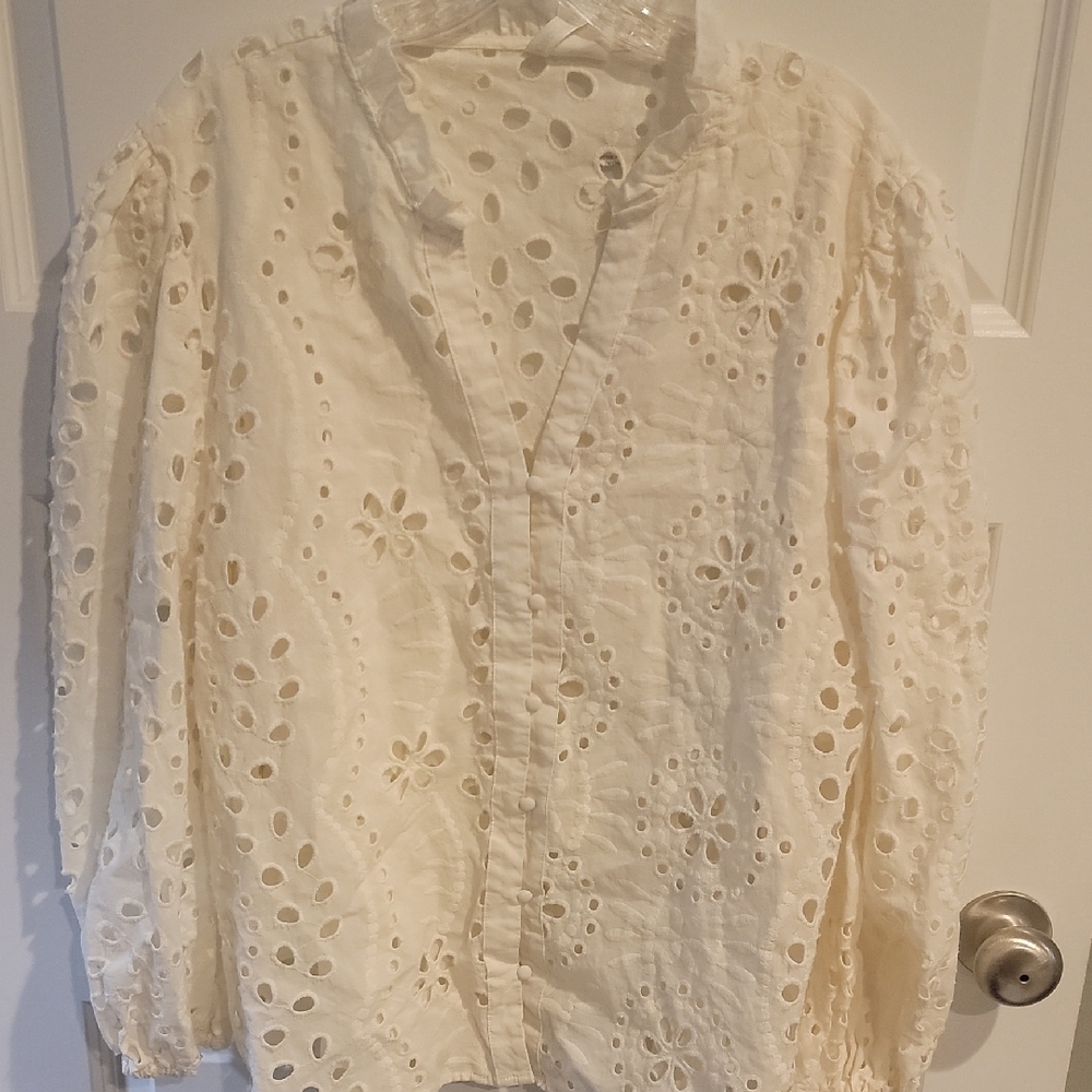 Forgotten Grace Cotton Ivory Eyelet Blouse Size XL